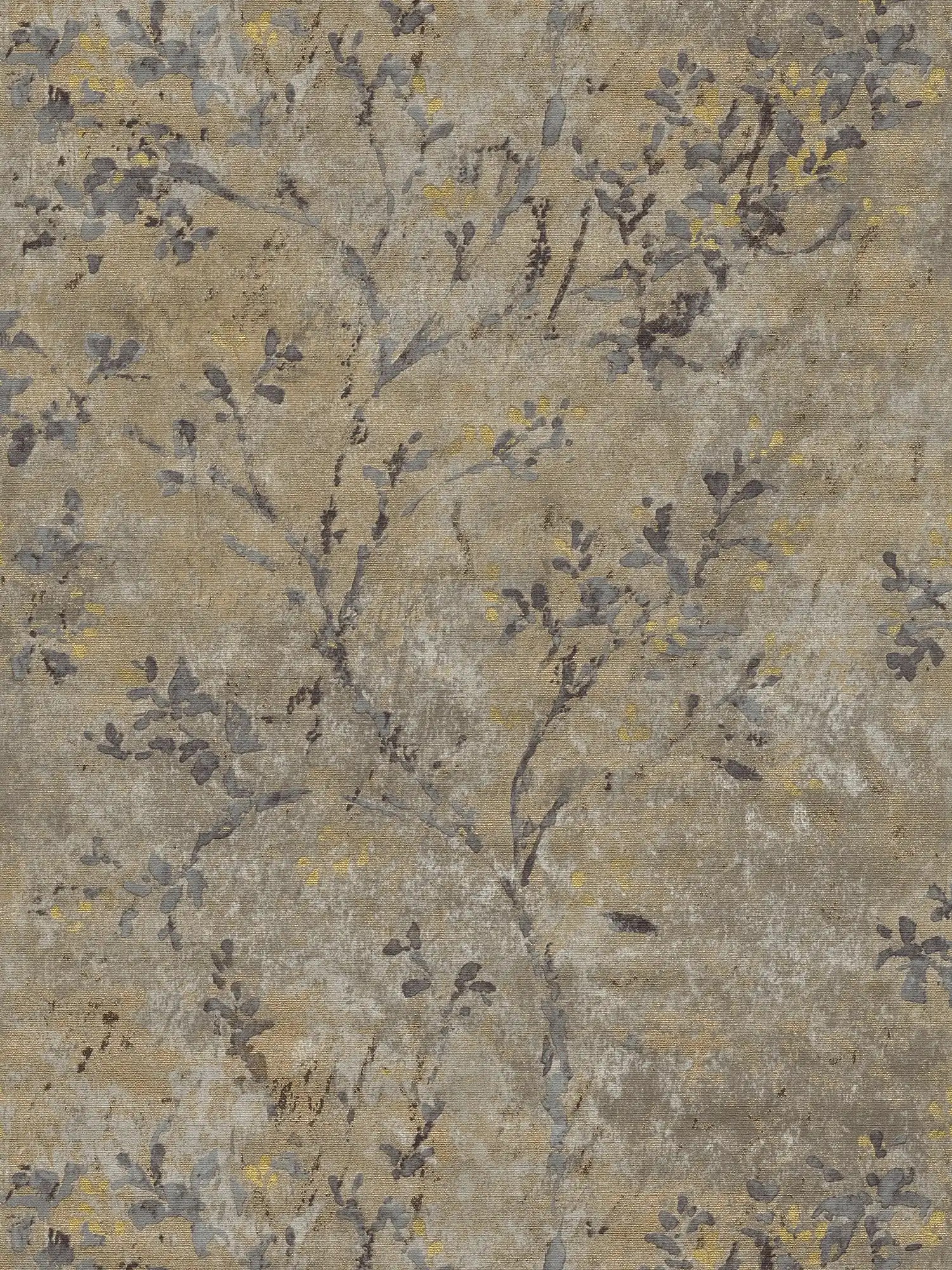 Papel pintado no tejido con motivos florales en acuarela - marrón, gris, dorado
