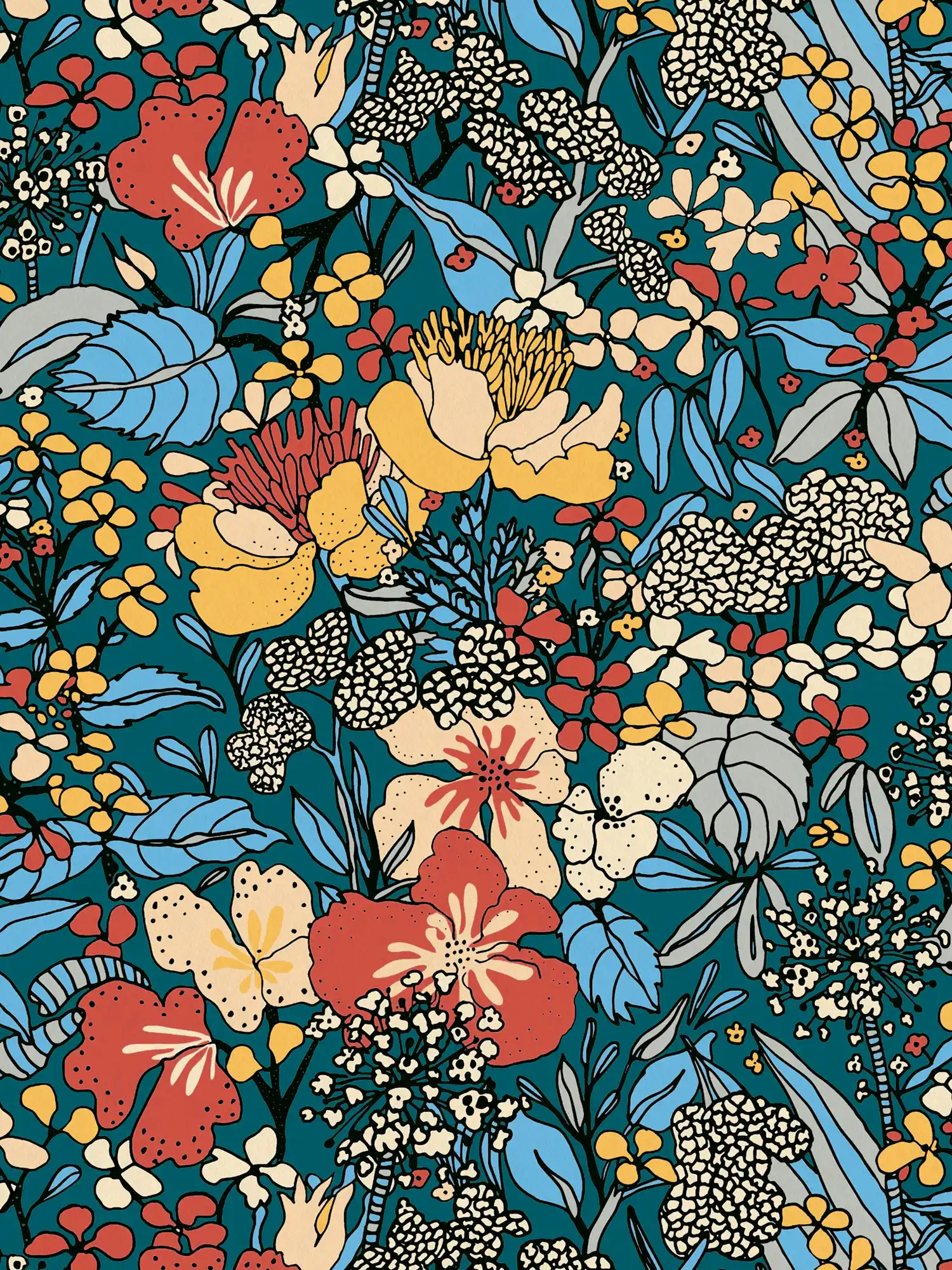Papel pintado no tejido diseño floral retro de los años 70 - multicolor, azul, naranja
