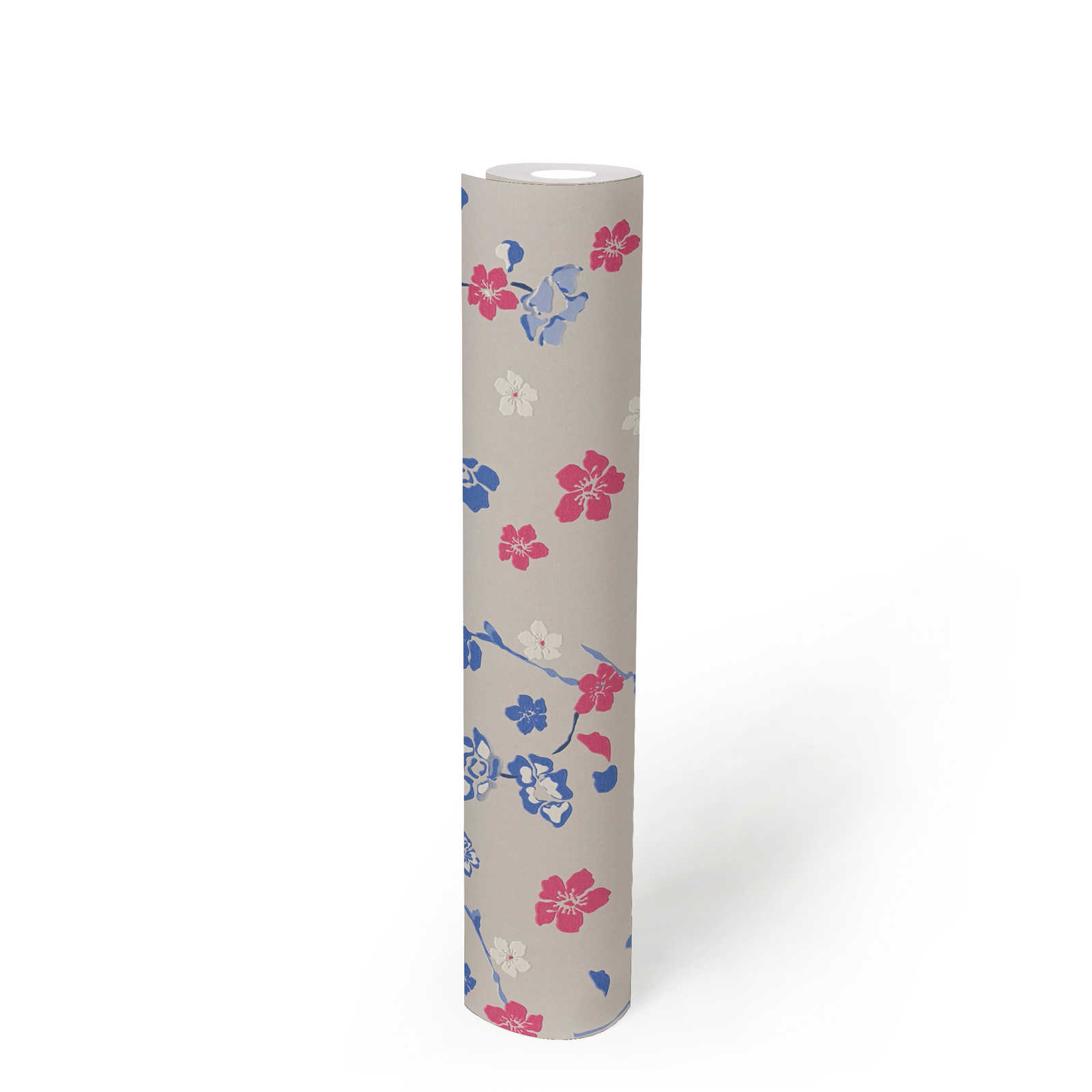             Vliesbehang met speels bloemenpatroon - lichtgrijs, blauw, roze
        