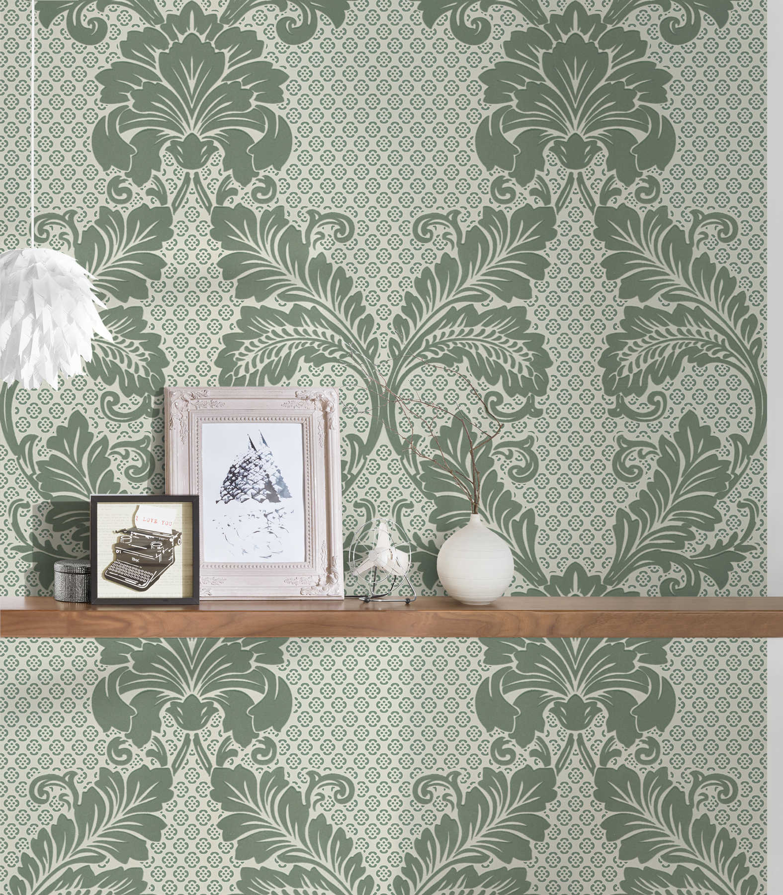             Patterned ornamental wallpaper with large floral motif - green, blue
        