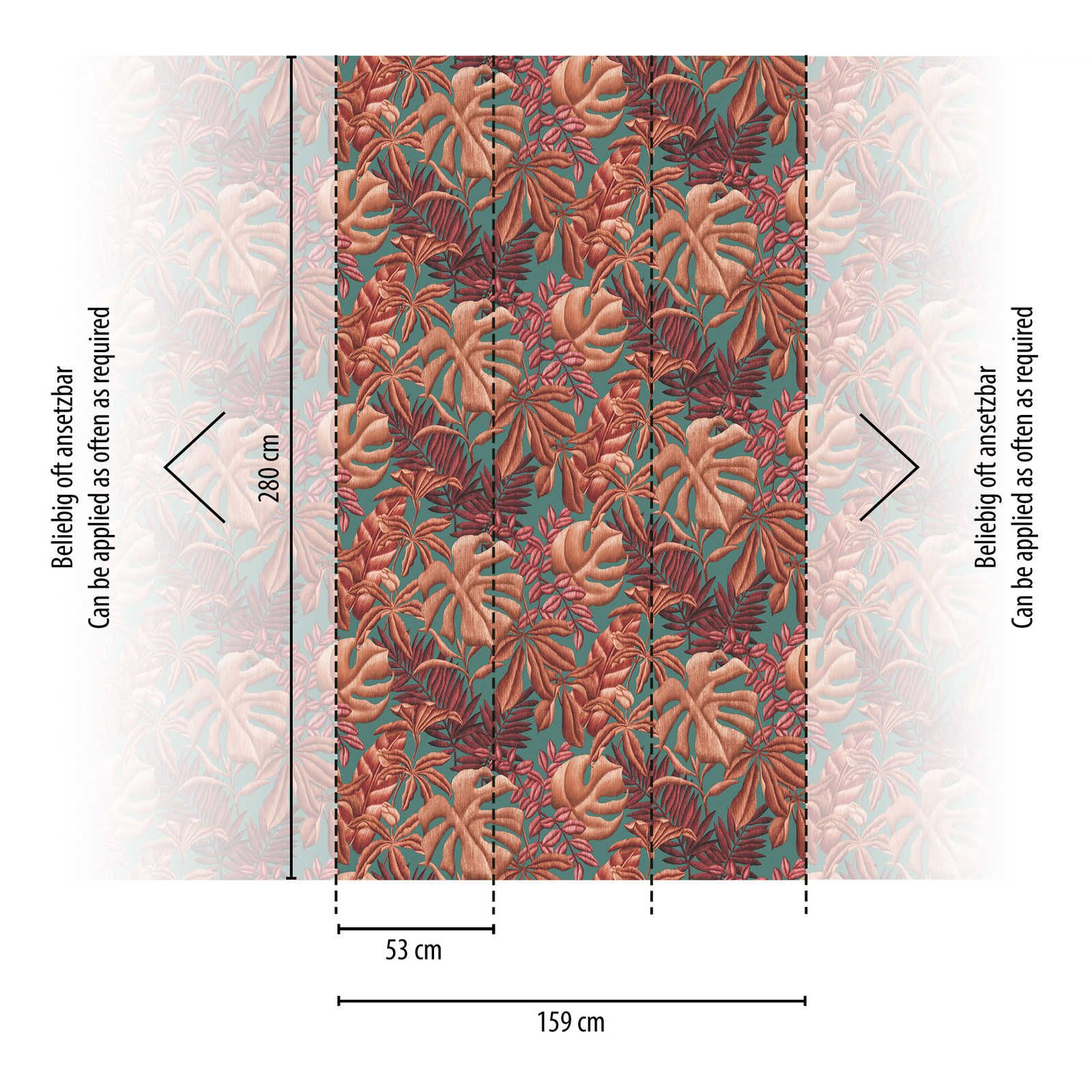             Wallpaper with large-scale leaf pattern fern & banana leaves - red, orange, turquoise
        