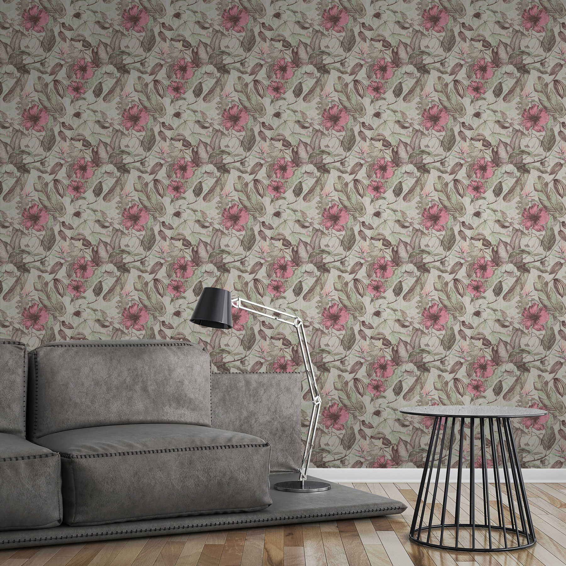             wallpaper floral pattern, tropical style & textile look - pink, green, brown
        