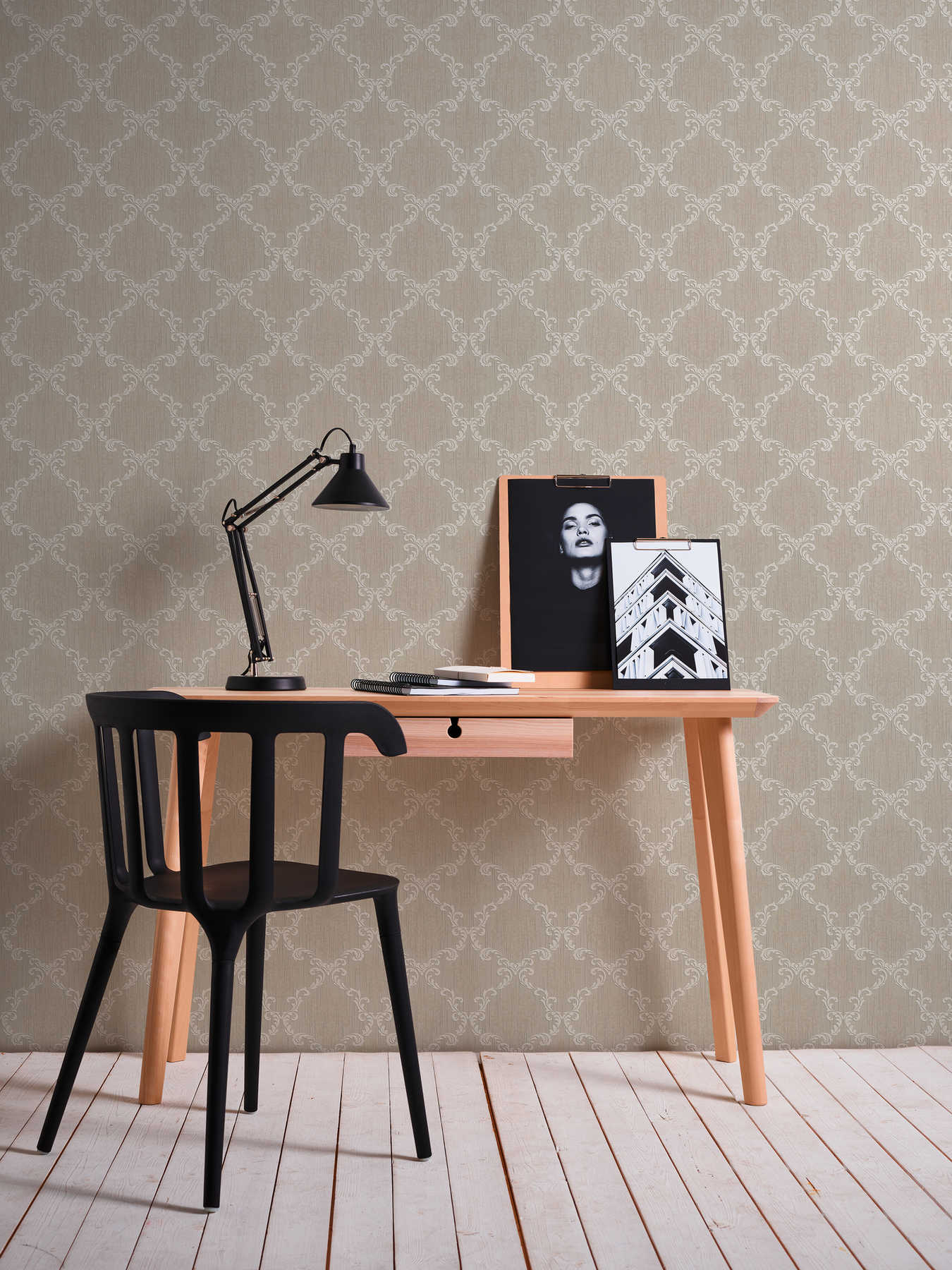             Ornamental wallpaper with tendril pattern & texture effect - beige
        