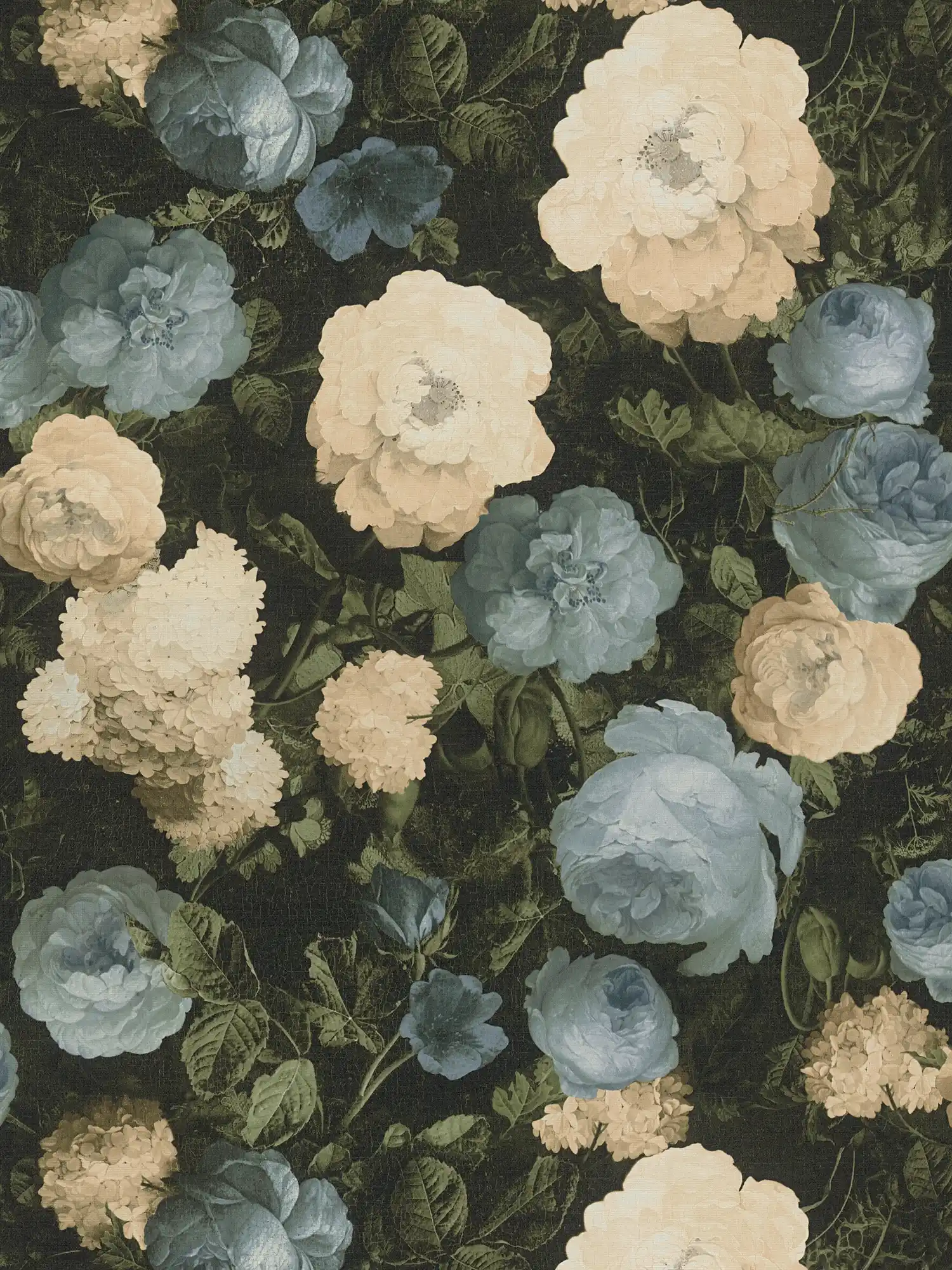 Rozenbehang, klassiek bloemenpatroon - blauw, groen, crème
