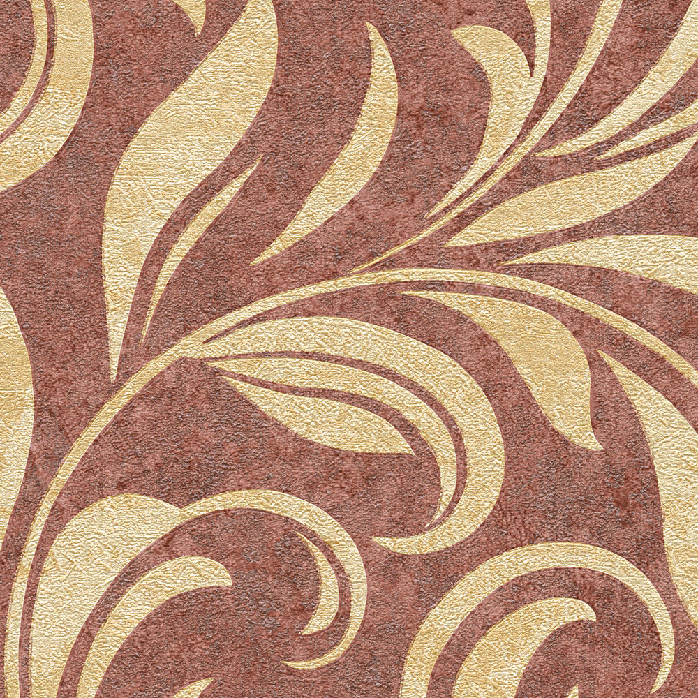             Ornamental wallpaper metallic with structure & colour hatching - red, gold, beige
        