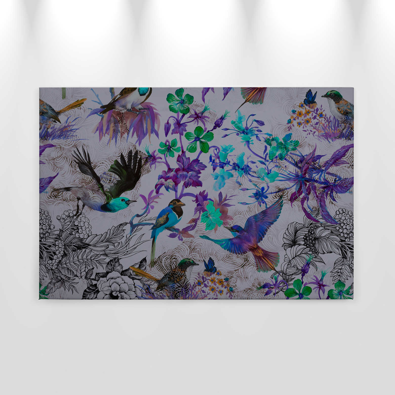             Paars canvas schilderij met bloemen en vogels - 0,90 m x 0,60 m
        