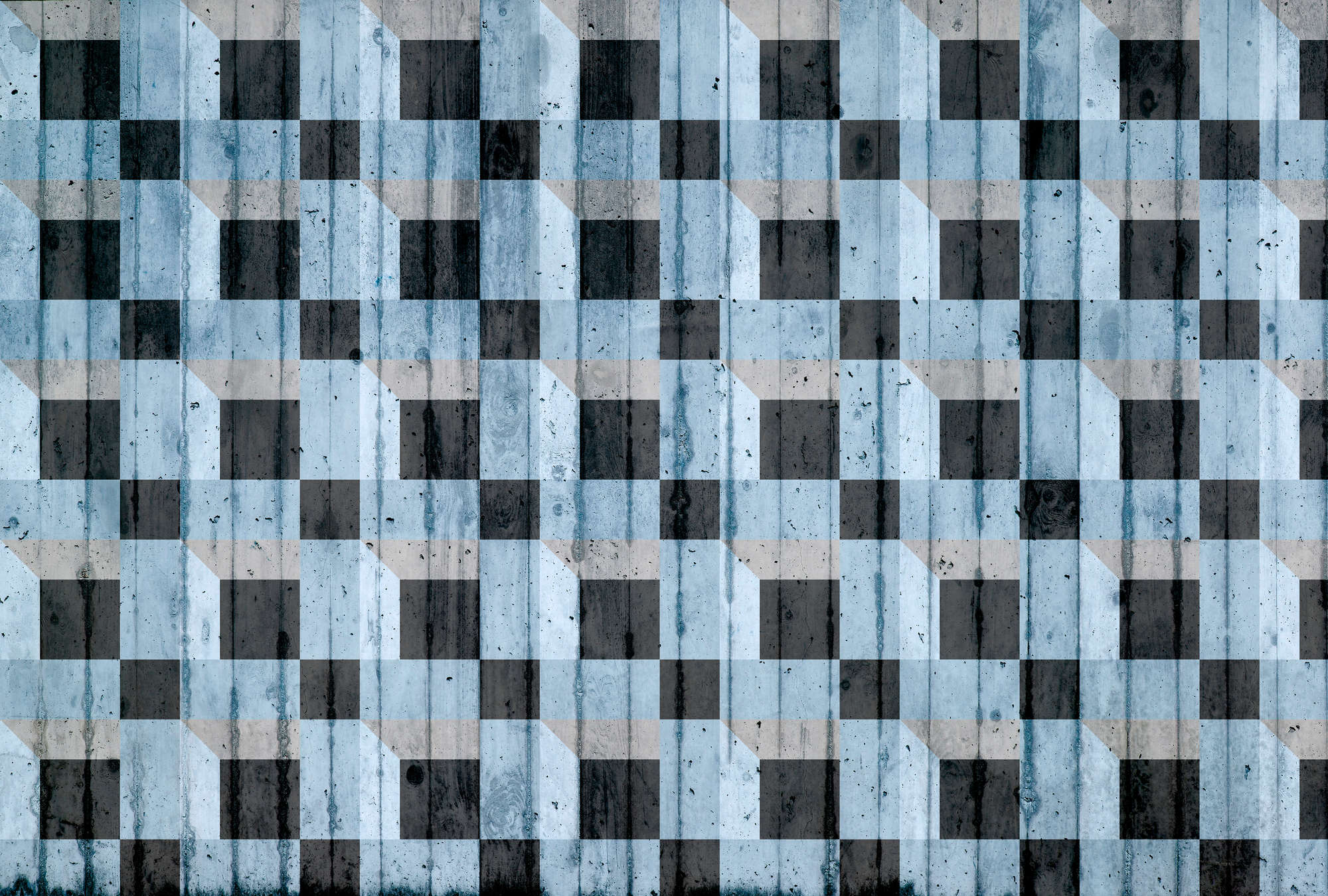            Papier peint imitation béton avec motif carré - bleu, noir, gris
        