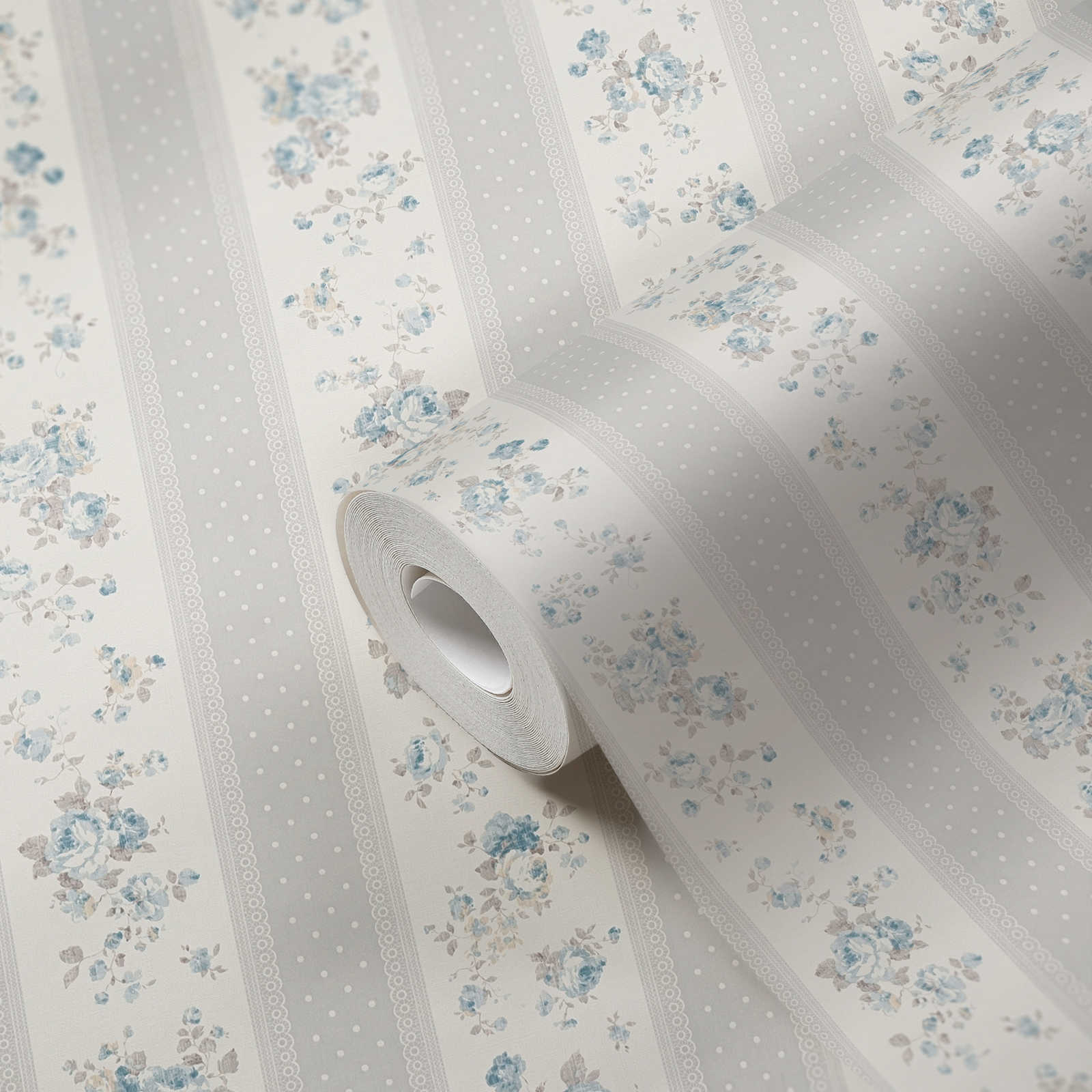             Non-woven wallpaper with dotted and floral stripes - grey, white, blue
        