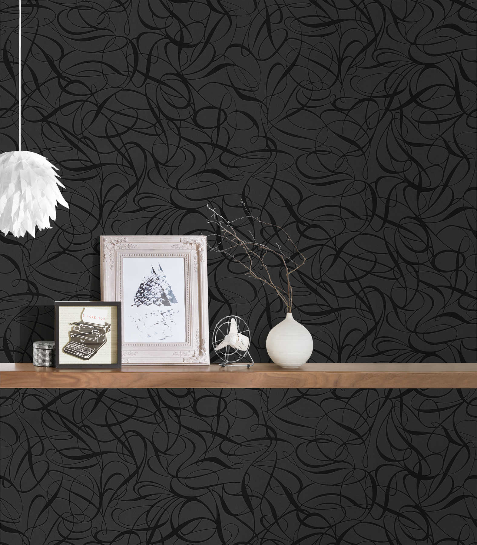             Non-woven wallpaper line pattern and glossy effect - black, metallic
        