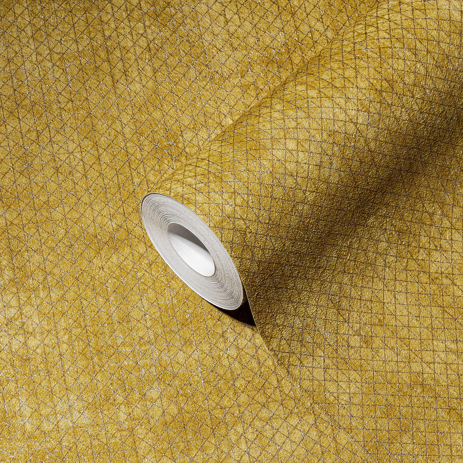             Behang mosterdgeel met metalen structuurpatroon - geel
        