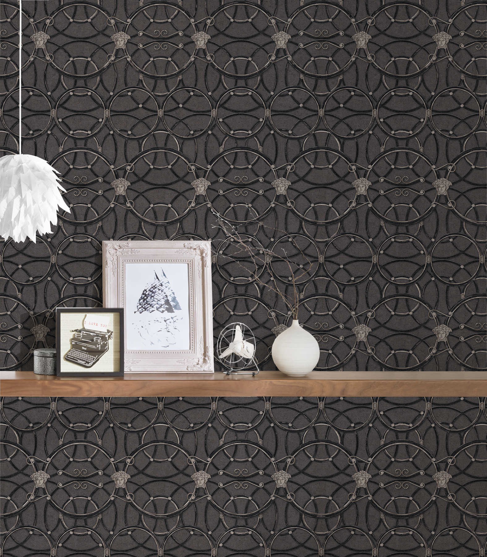             VERSACE Home wallpaper circle pattern, metallic effect - silver, black
        