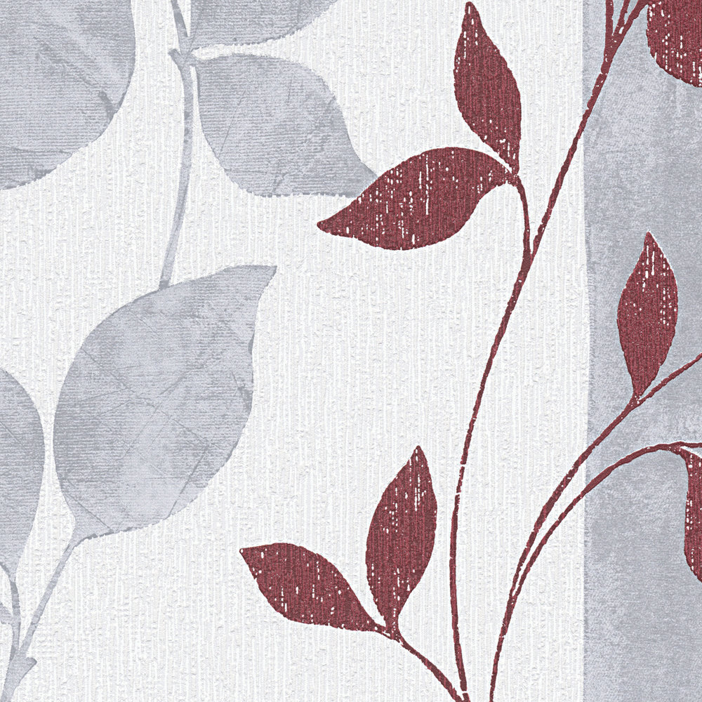             Textured wallpaper leaf tendrils & stripes - red, grey
        