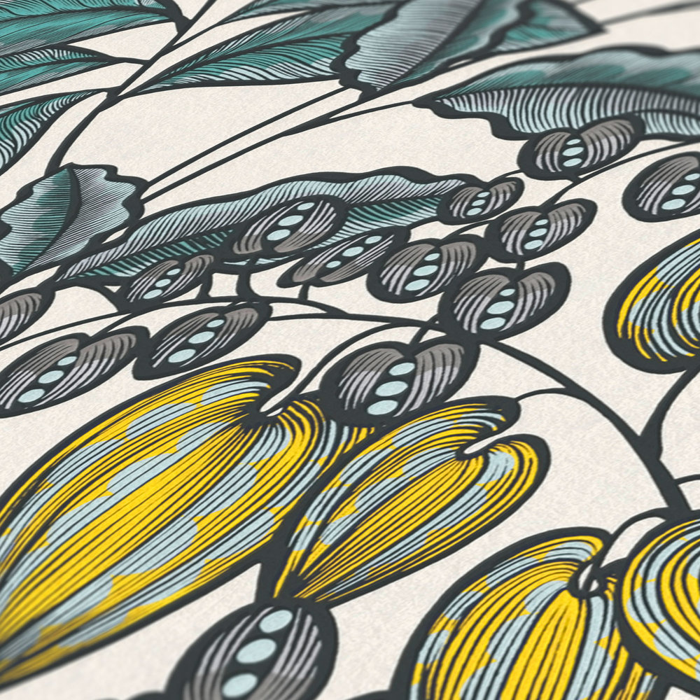             Vliesbehang bladeren design in Scandi look - blauw, wit, geel
        