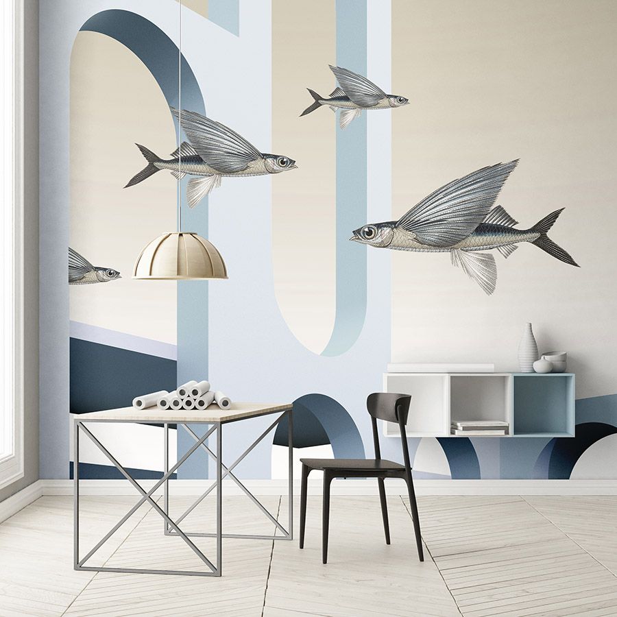 styx - papier peint en papier panoramique avec architecture abstraite 3D et poissons volants - intissé premium lisse et légèrement brillant
