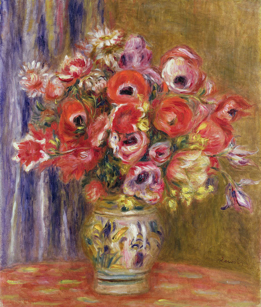             Vaas met tulpen en anemonen" muurschildering van Pierre Auguste Renoir
        