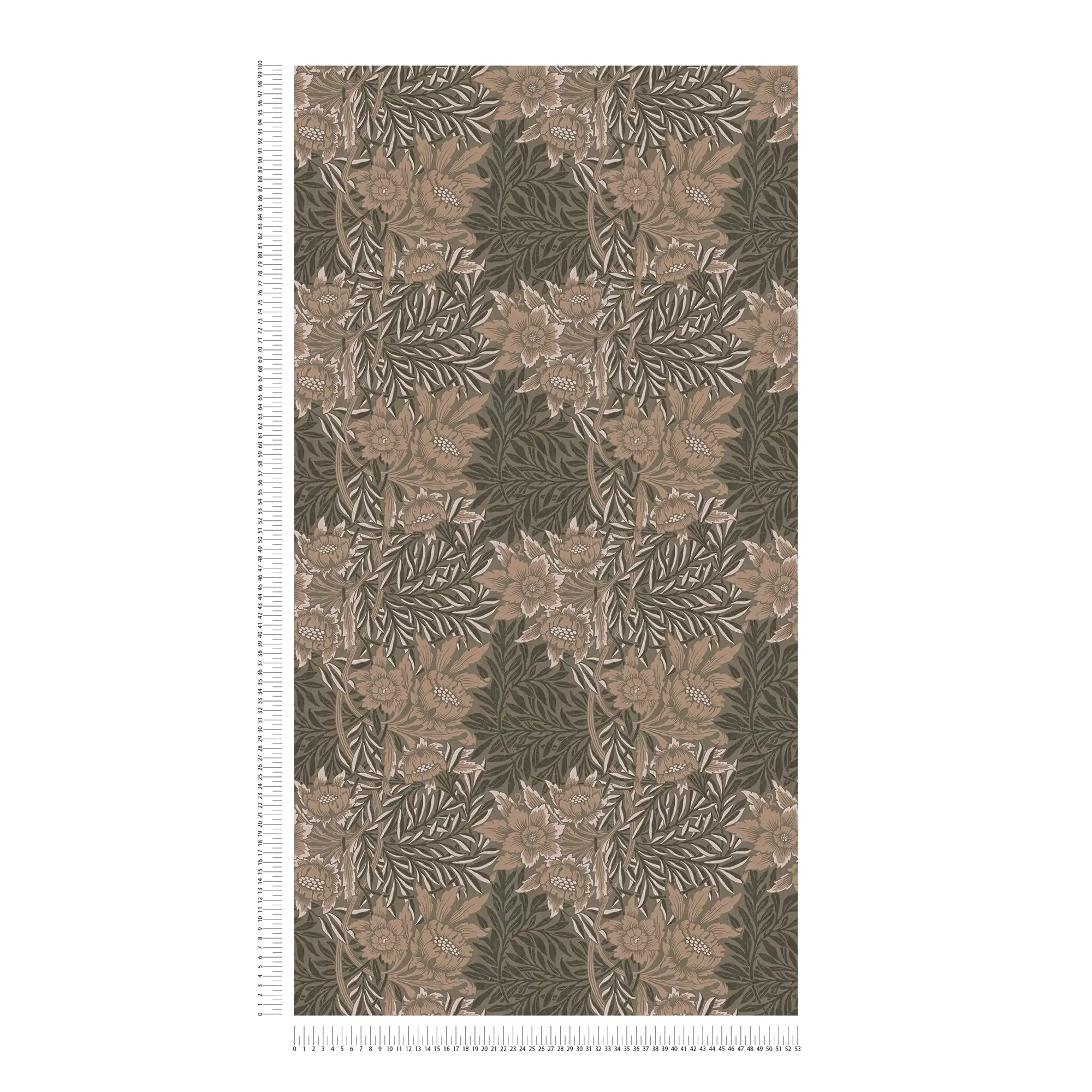             Floral wallpaper with leaf tendrils and flowers - brown, grey, white
        