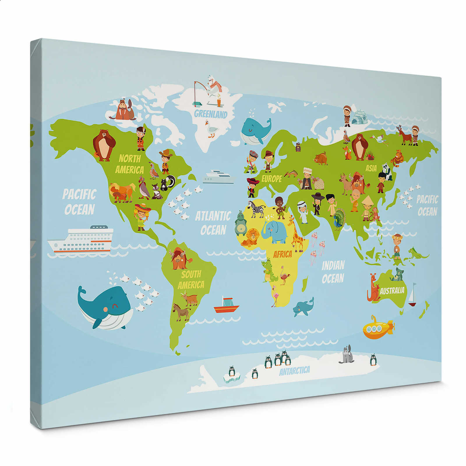 World map canvas print with animals and people – coloured
