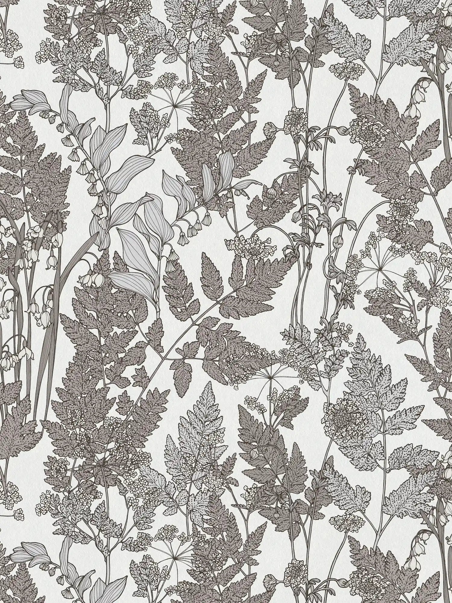 Papel pintado Naturaleza hojas y flores en estilo rústico moderno - gris, blanco
