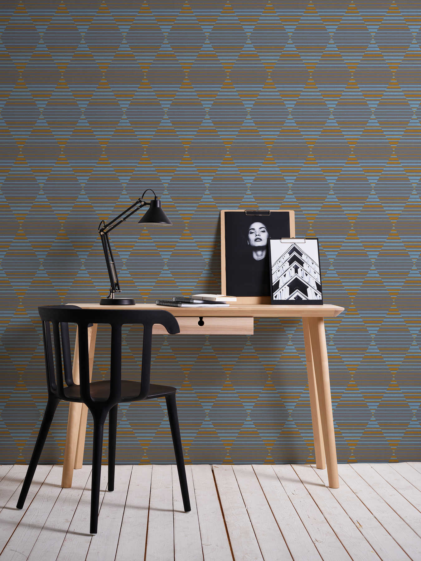             Retro wallpaper 70s pattern stripes & diamonds - grey, blue, orange
        