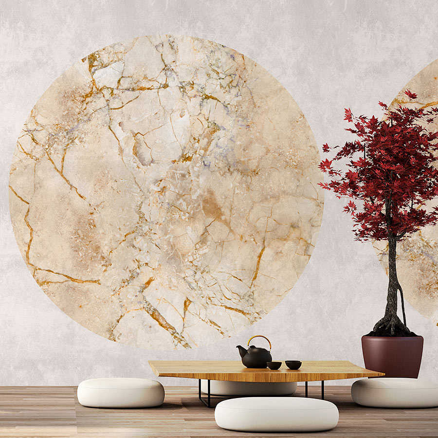 Venus 1 - Papier peint panoramique marbre doré avec motif circulaire & aspect crépi
