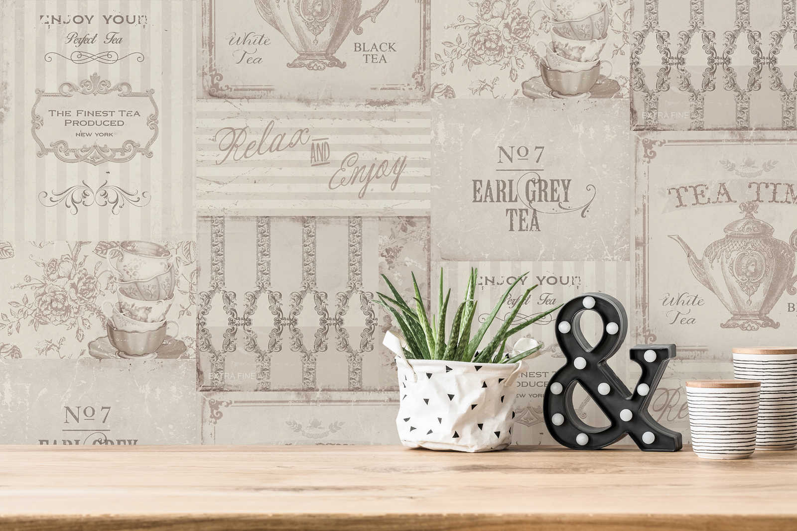             Pattern wallpaper Tea Time collage in country style - grey
        