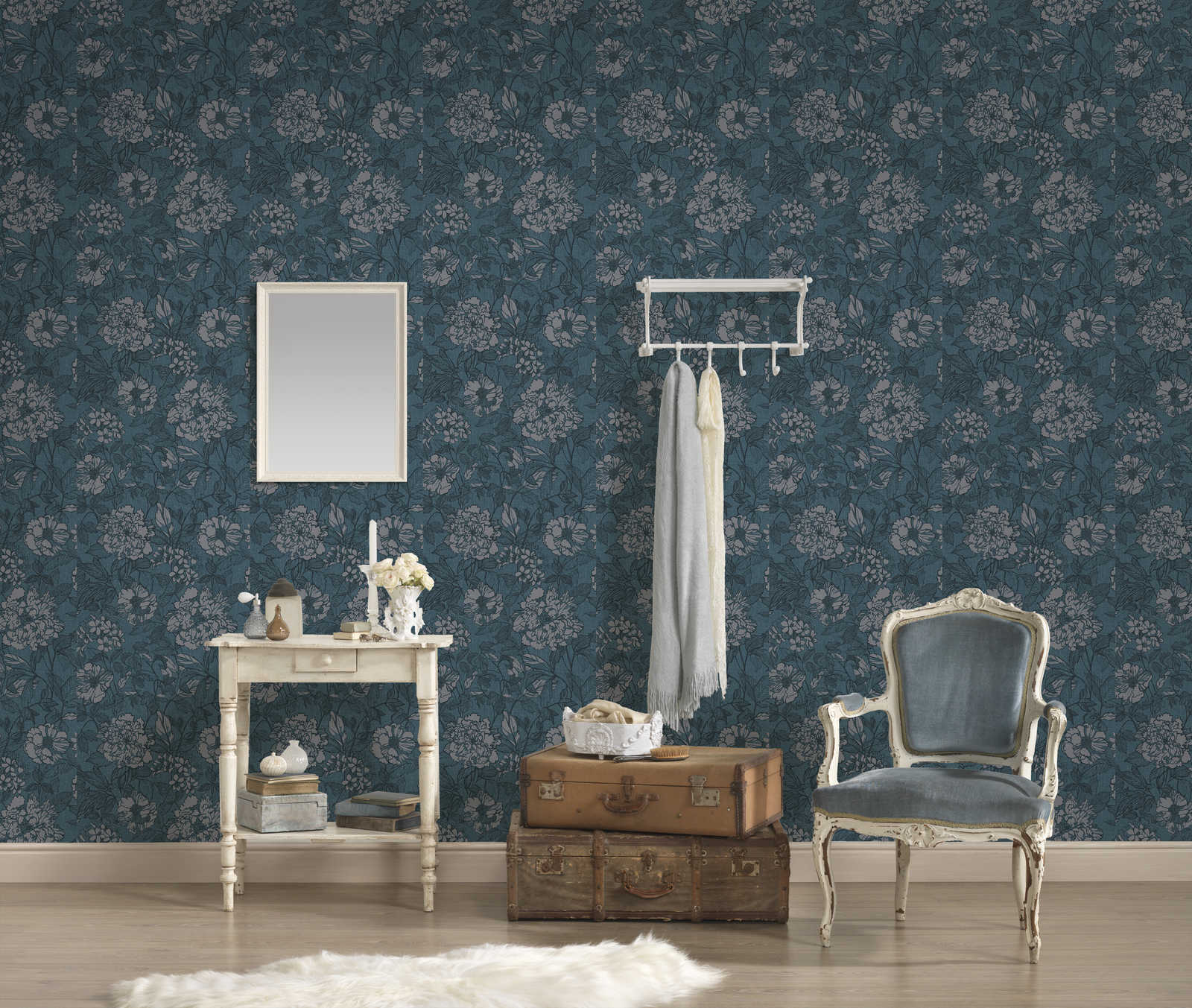             Textile-look wallpaper petrol with floral pattern - blue, grey
        