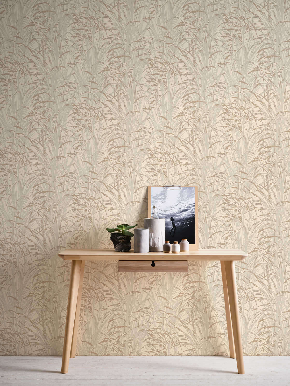             Leaves wallpaper metallic design - beige, metallic
        