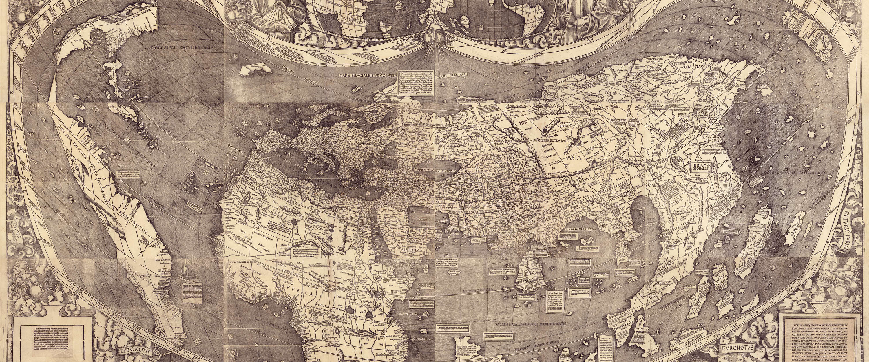             Vintage world map mural in historical style & sepia look
        