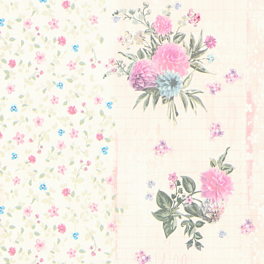             Papier peint fleuri à motifs rayés - multicolore, rose
        
