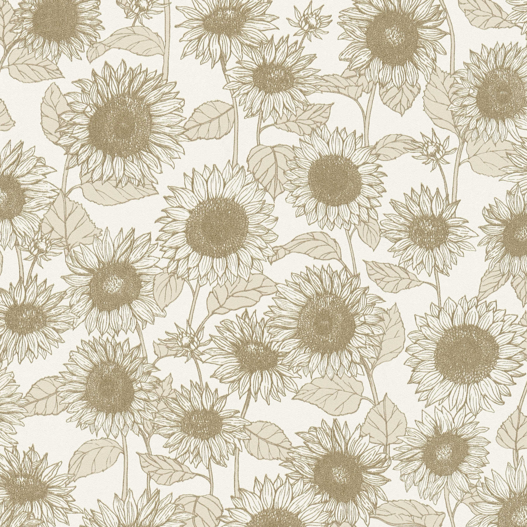 behang zonnebloemen met metaaleffect - beige, wit
