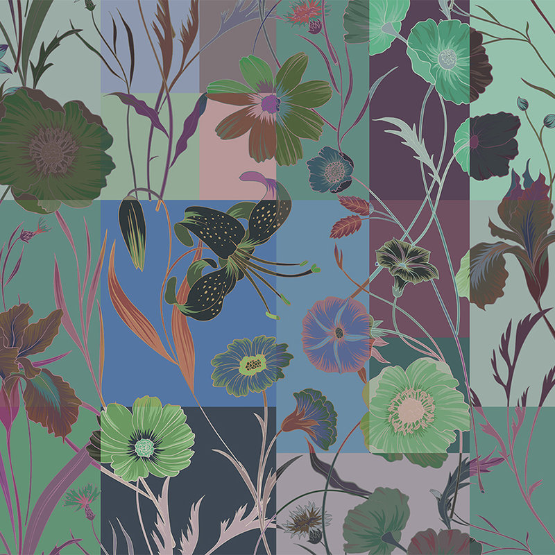 Floral patch 2 - Carta da parati floreale con patchwork di colori - Blu, Verde | Pile liscio opaco
