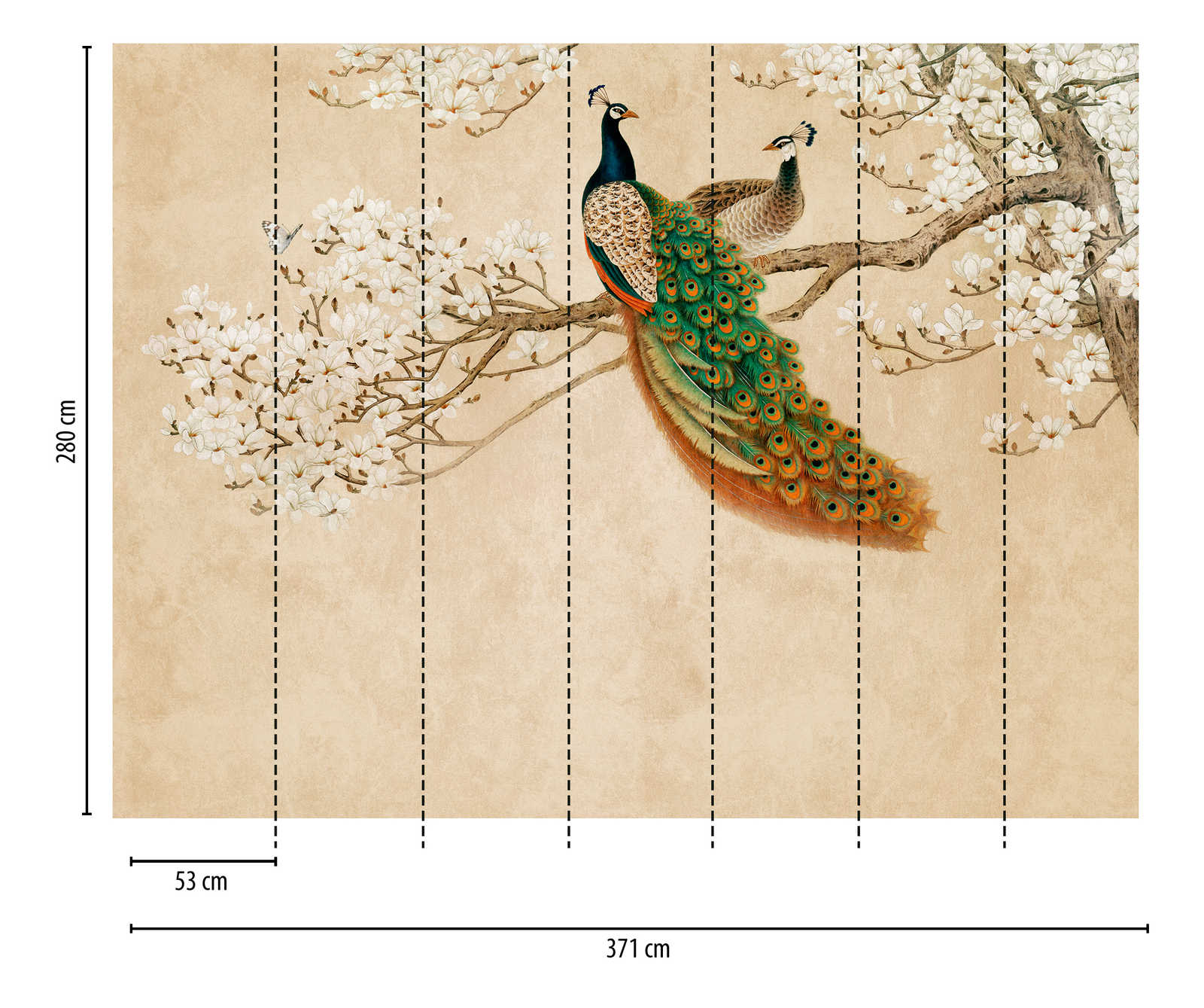             Papeles pintados novedad - papel pintado con motivo de flor de cerezo y pavo real en estilo asiático
        