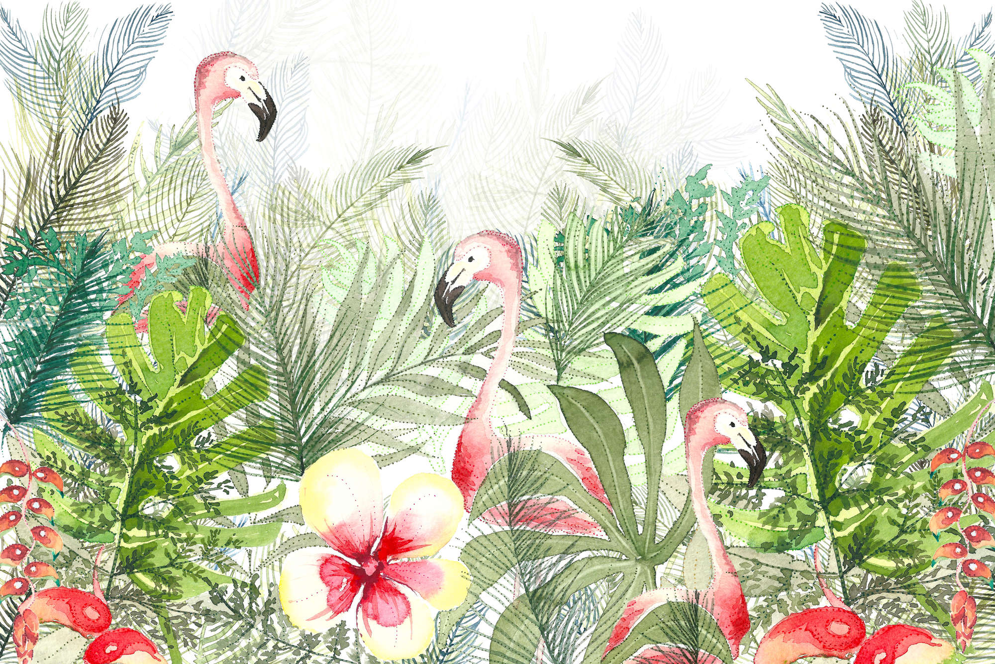             Papel pintado de acuarela Flamingo, hojas y flores sobre vellón liso de alta calidad
        