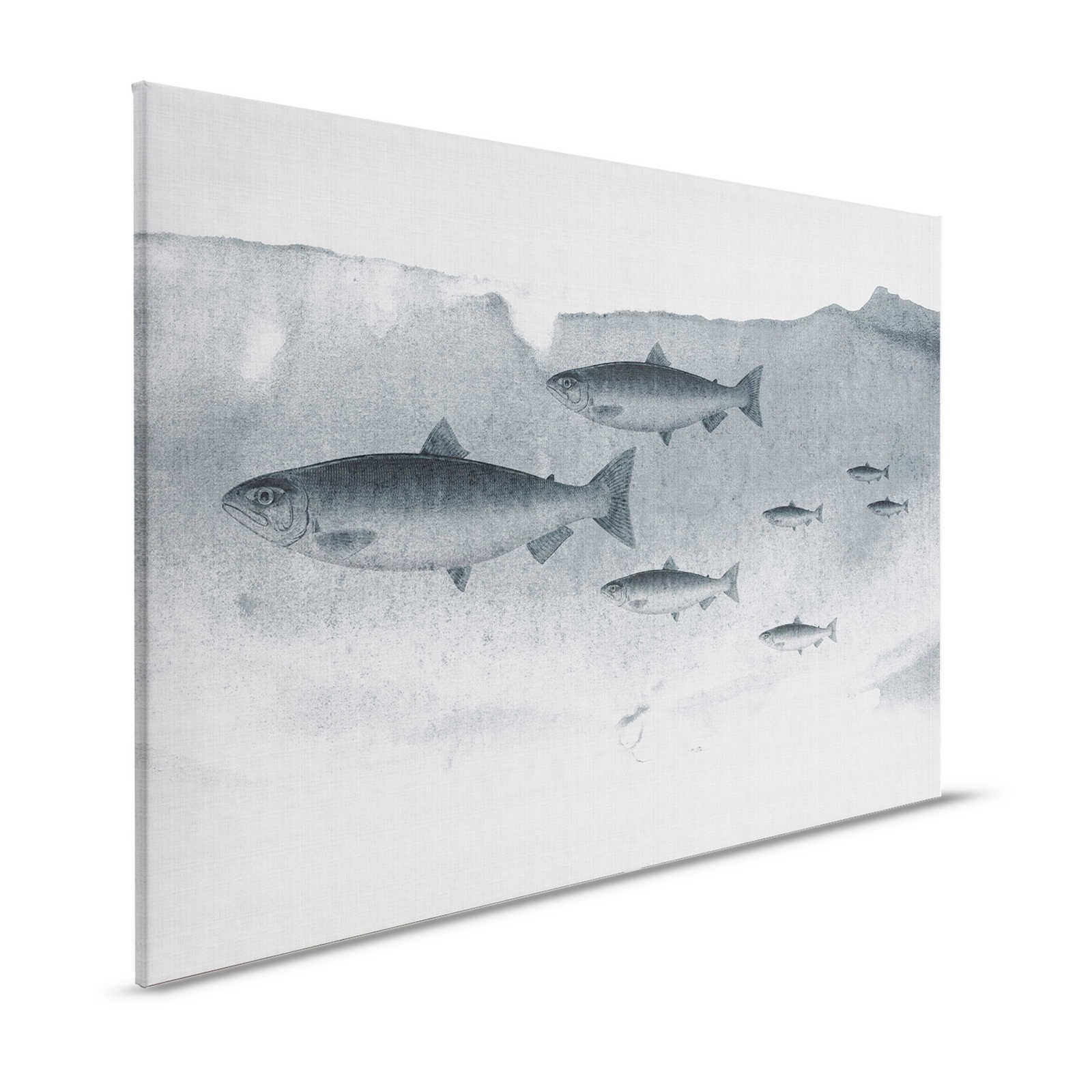 Into the blue 3 - Acuarela de peces en gris como cuadro en lienzo - 1,20 m x 0,80 m
