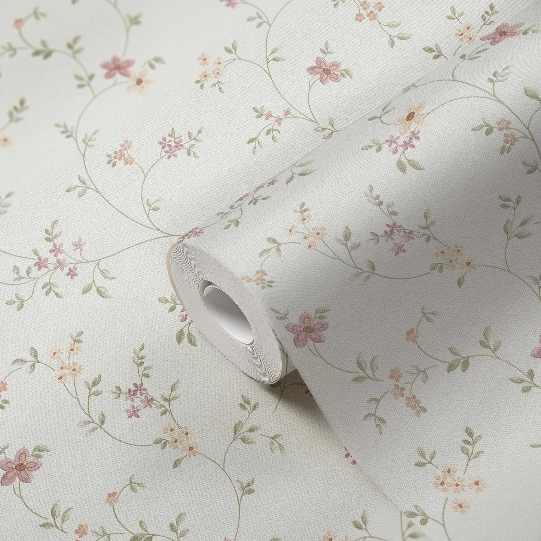             Wallpaper with flowers pattern in country style - colourful, green, white
        
