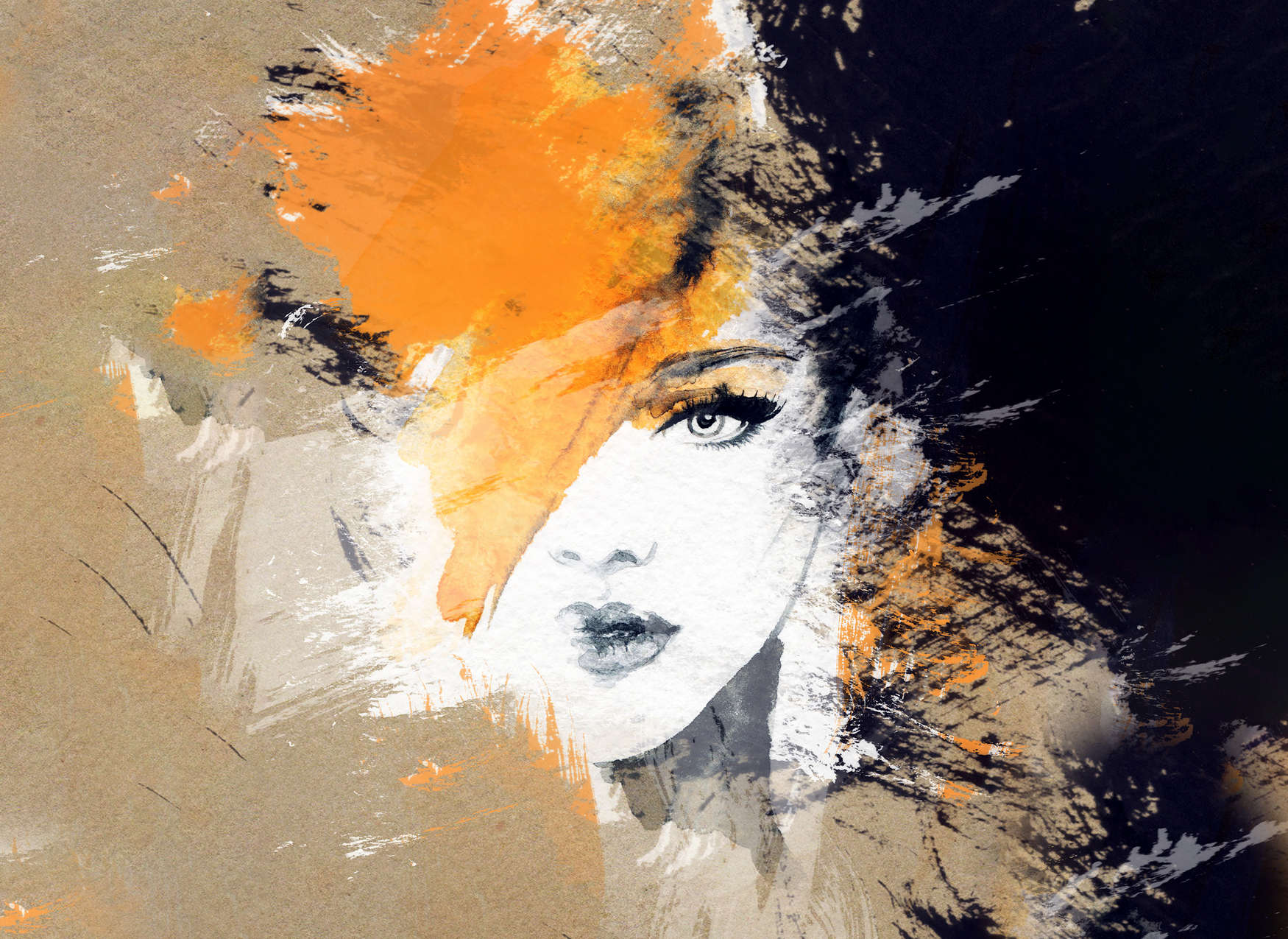             Papier peint avec dessin abstrait d'une femme - beige, orange, noir
        