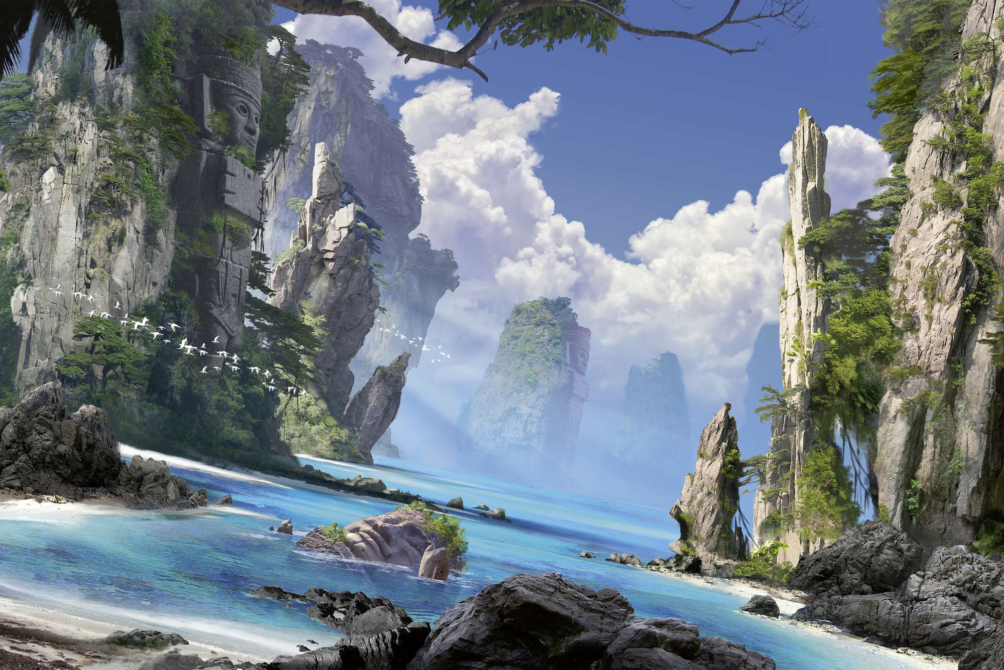             Digital behang Fantasiewereld met Baai en Kliffen - Strukturenvlies
        