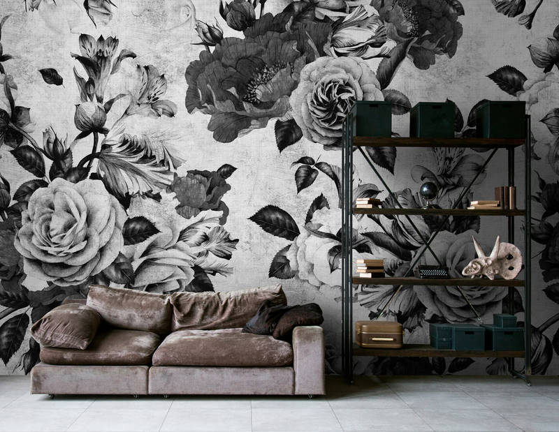             Spanish rose 1 - Rose wallpaper with black and white flowers in natural linen structure - Grey, Black | Matt smooth fleece
        