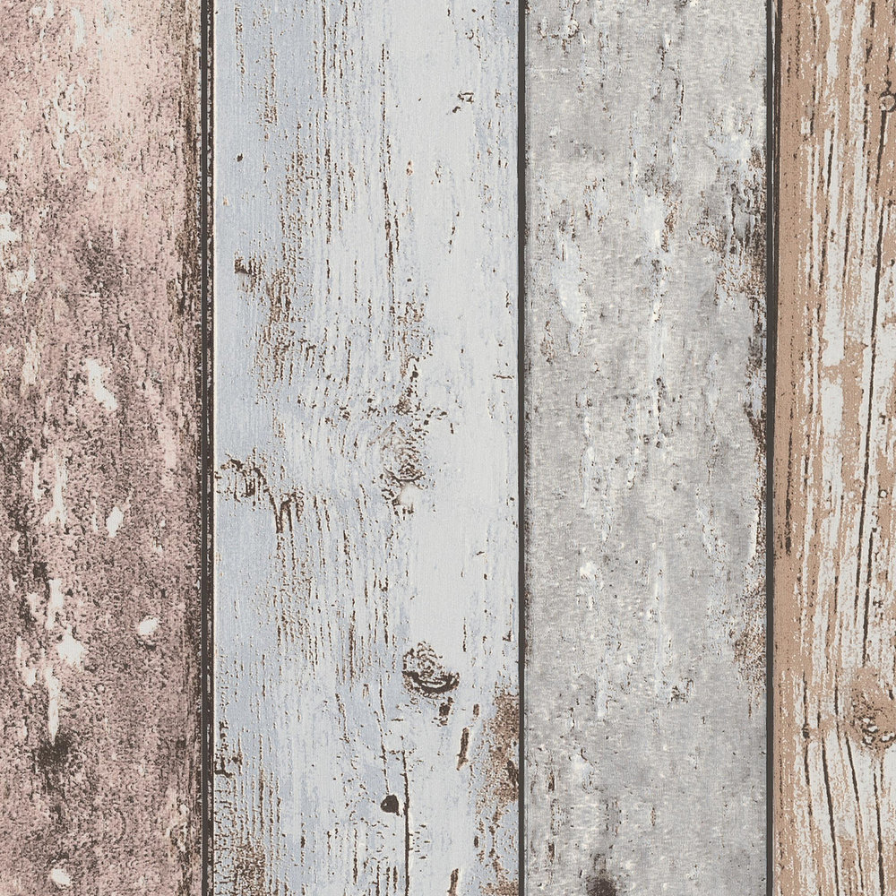             Papier peint Planches rustiques aspect bois vintage - marron, bleu, beige
        