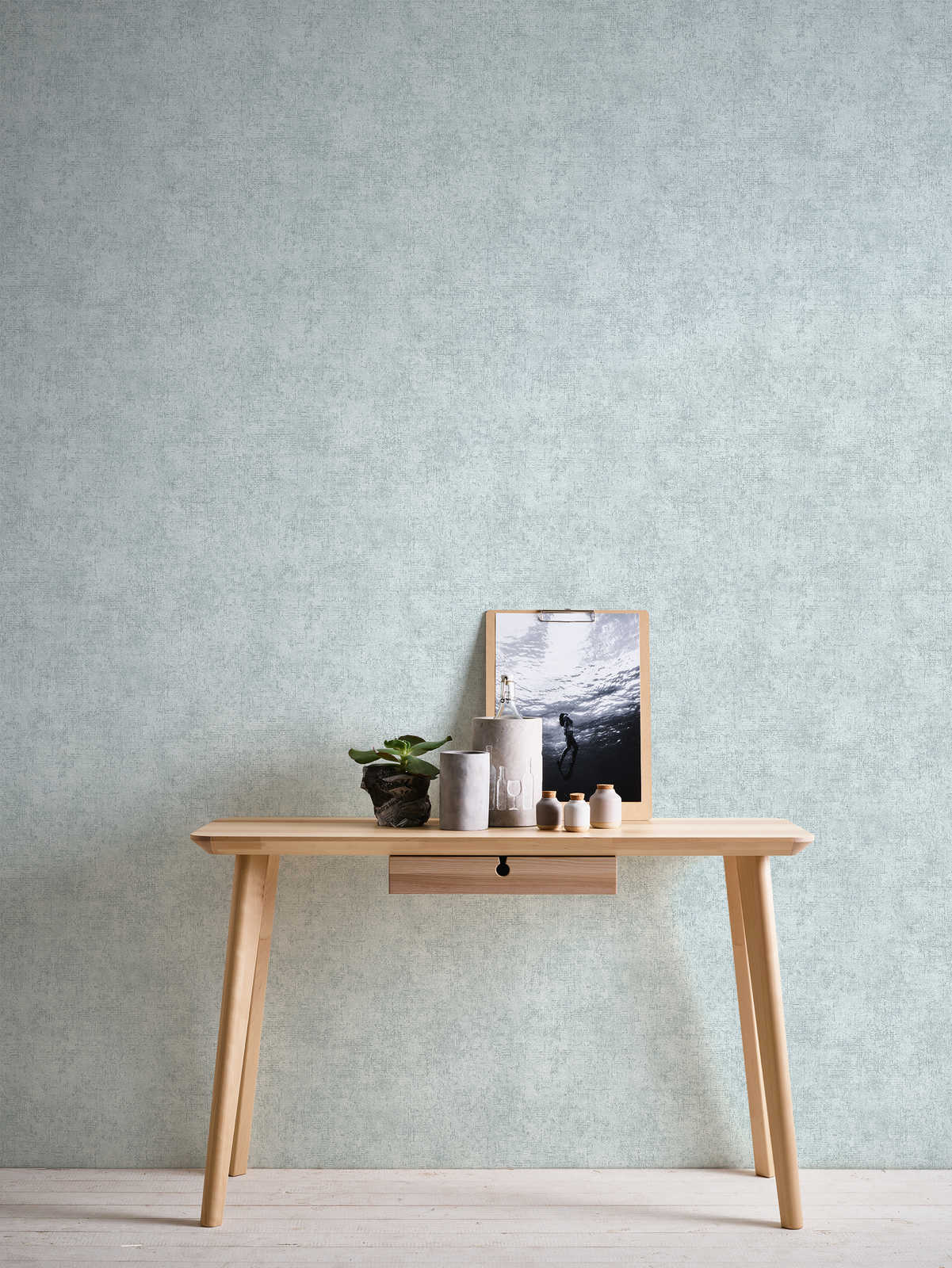             Non-woven wallpaper rustic plaster structure - green, beige
        