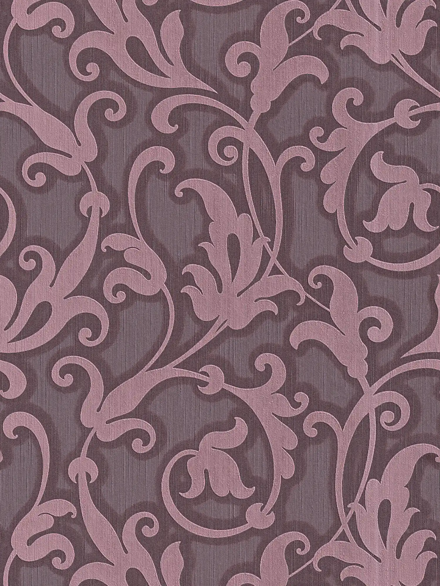 Baroque wallpaper with textile structure & embossed pattern - purple, metallic
