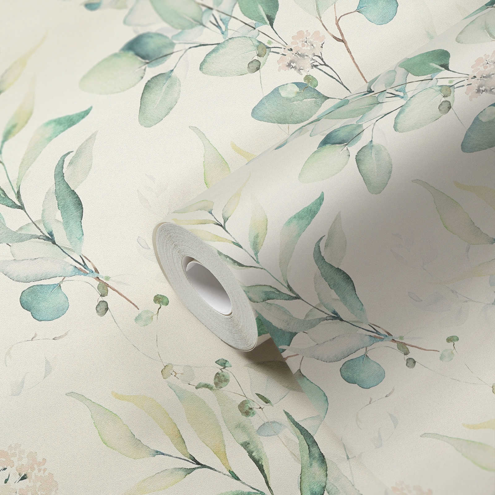             Papier peint intissé avec motif de feuilles aquarelles dans le style peinture à l'eau - crème, vert
        