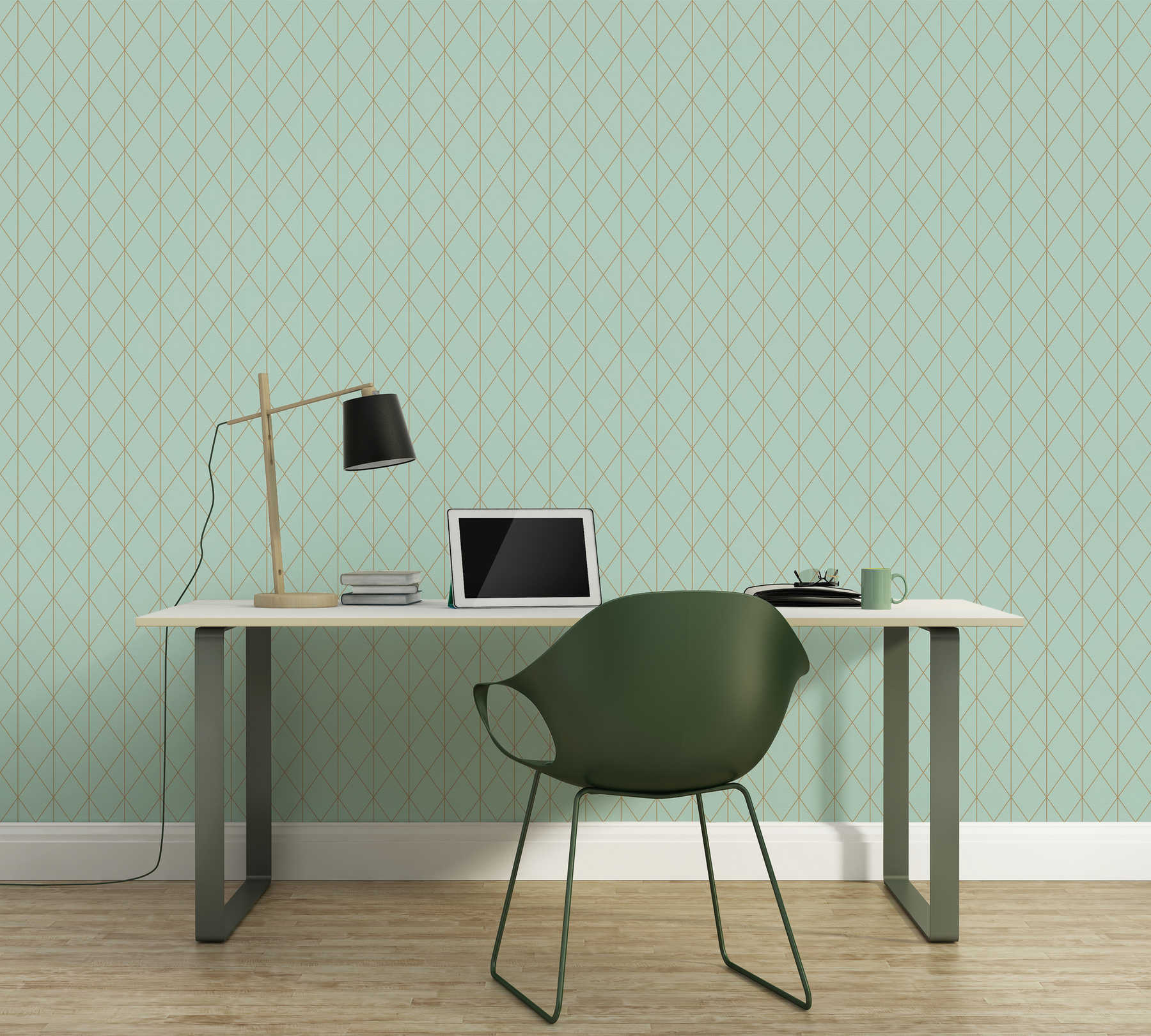             Wallpaper lozenge pattern with gold accent - green, metallic
        