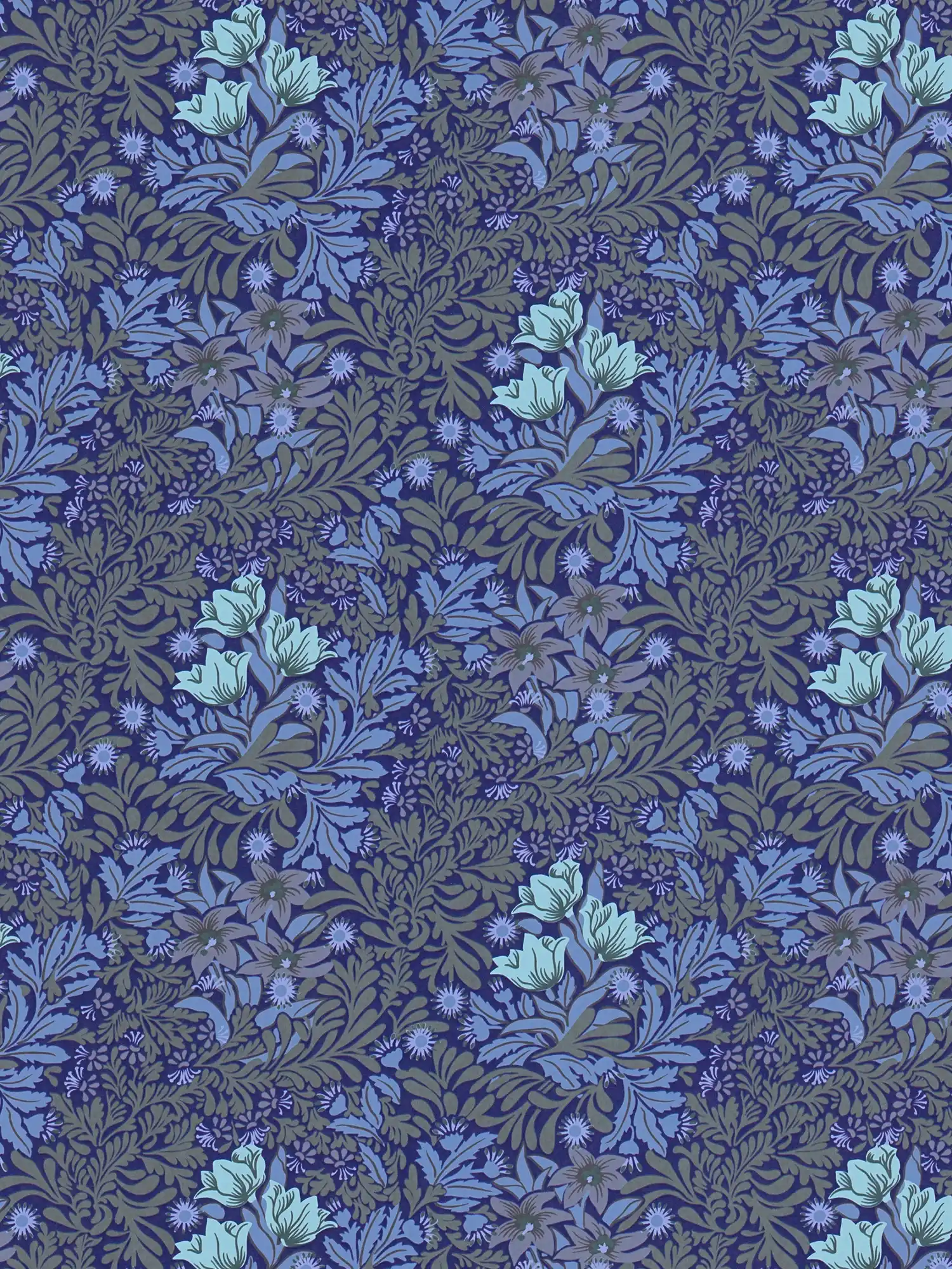 Papel pintado no tejido floral con zarcillos de hojas y flores - azul, gris, verde
