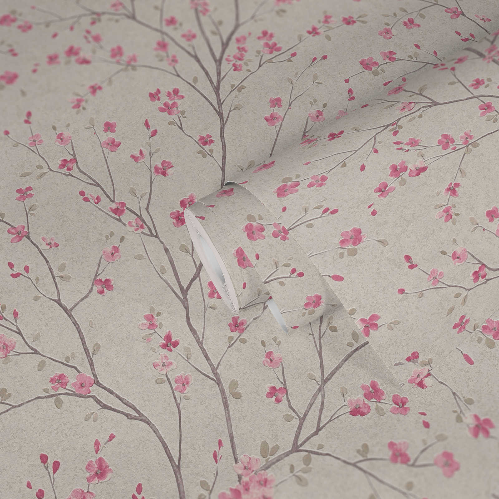             Carta da parati in tessuto non tessuto con disegno di fiori di ciliegio in stile asiatico - marrone, rosa, bianco
        