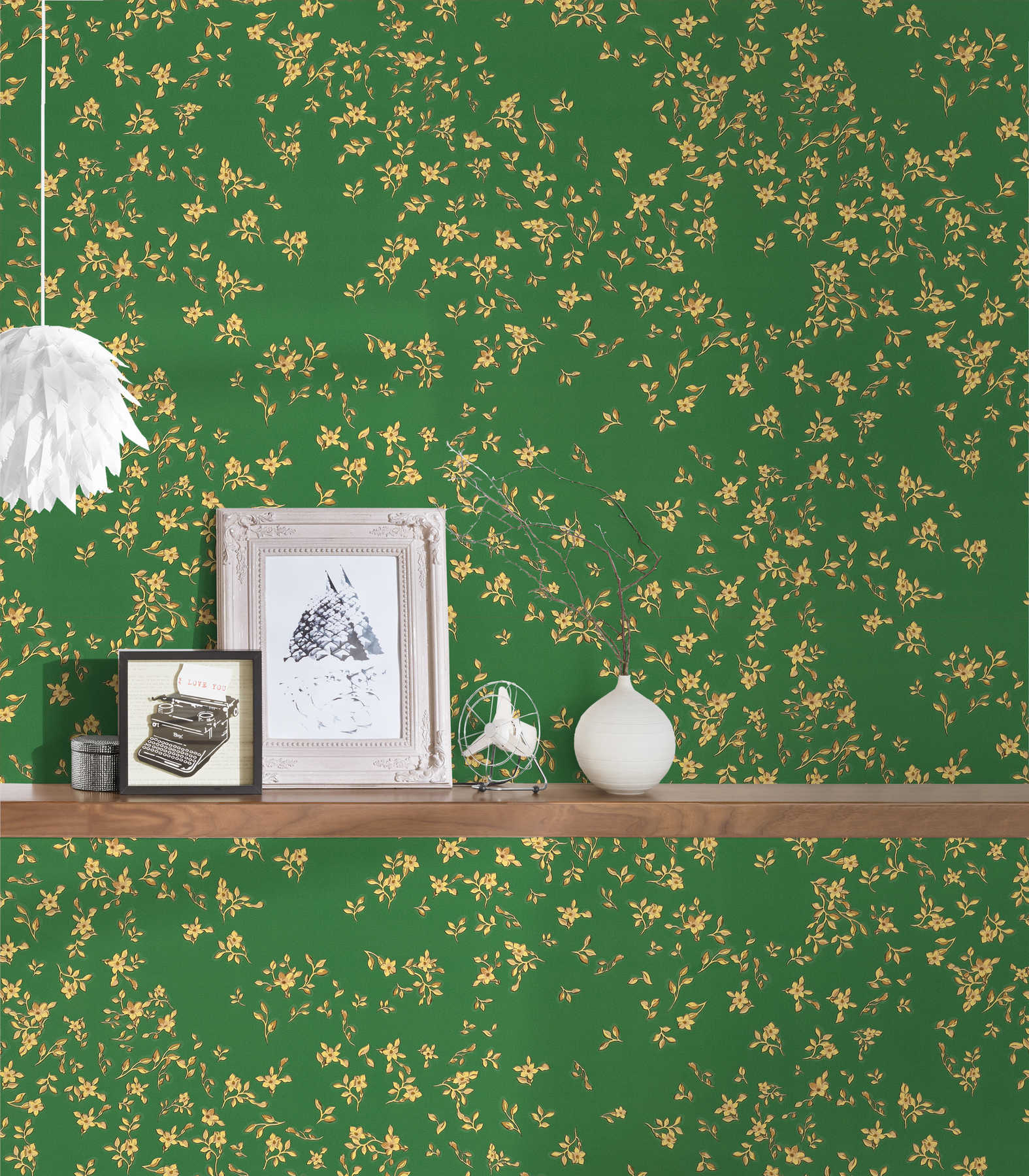             Green VERSACE wallpaper with golden flowers - green, gold, yellow
        