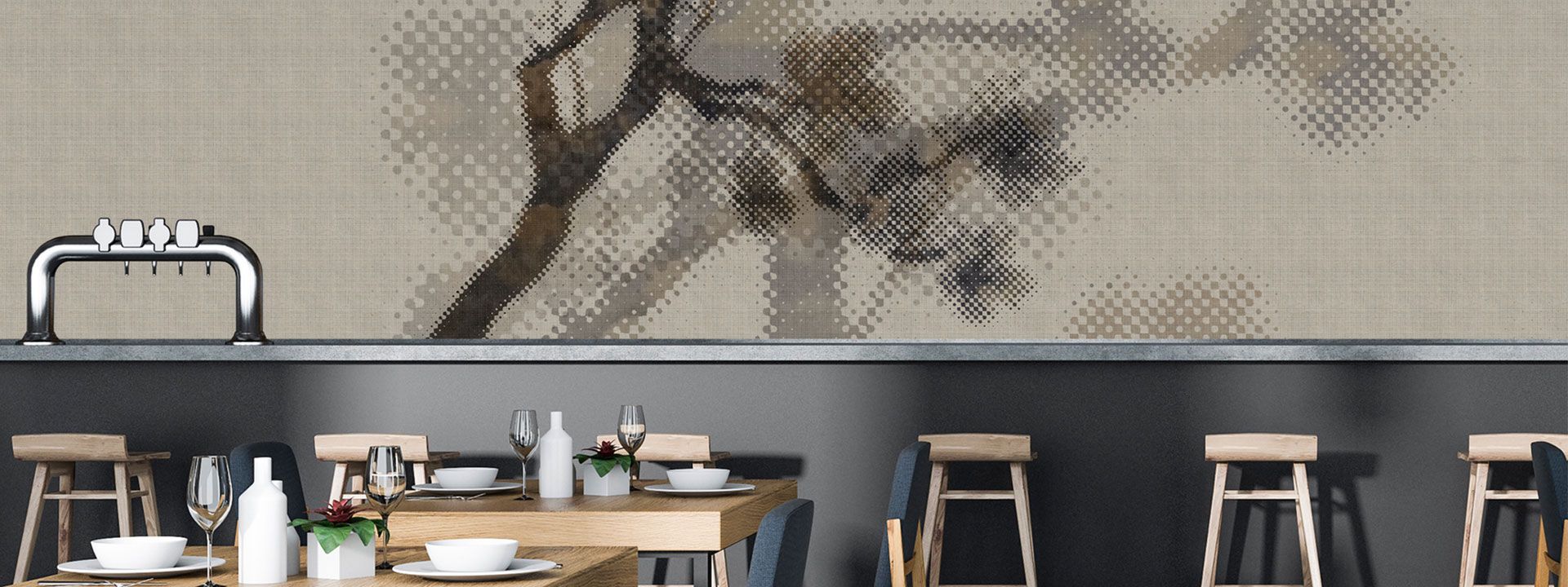 Canteen bar in front of wallpapered wall with minimalist nature design DD114197