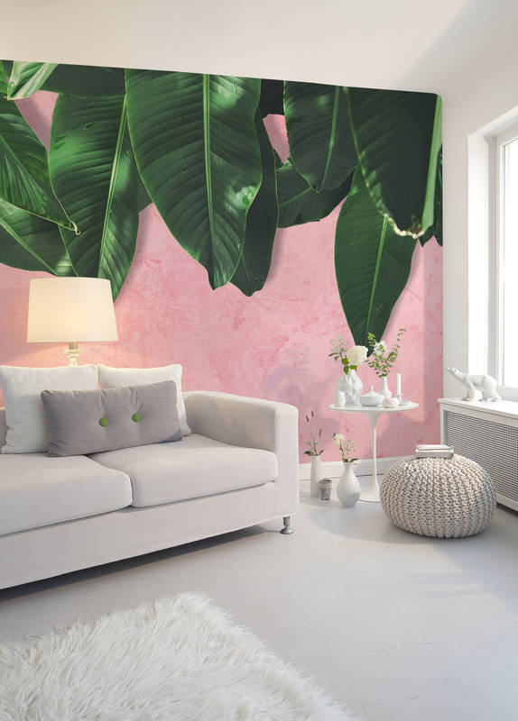             Photo wallpaper tropical leaves wall - pink, green
        