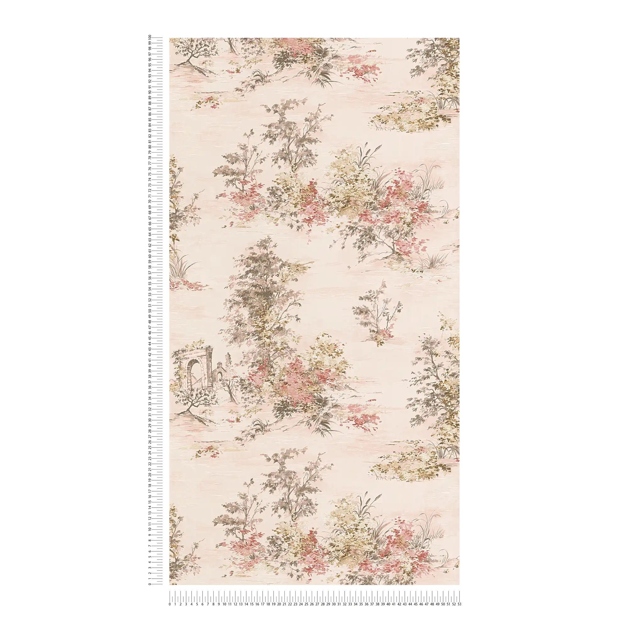             Wallpaper with landscape motif in classic style - red, pink, grey, cream
        