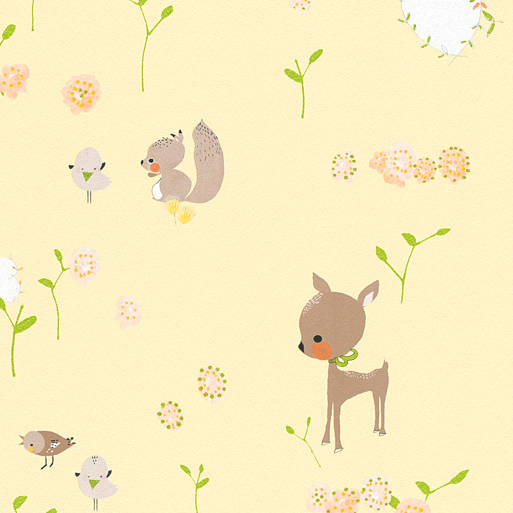             Wallpaper with forest animals for baby & Nursery - yellow, green
        